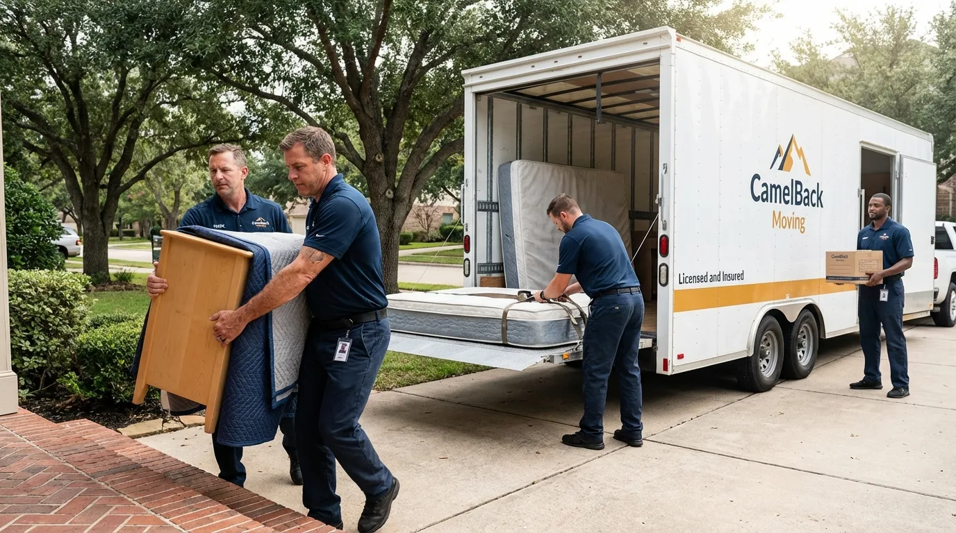 Crew loading residential truck for cross-state move from Kingsland, TX