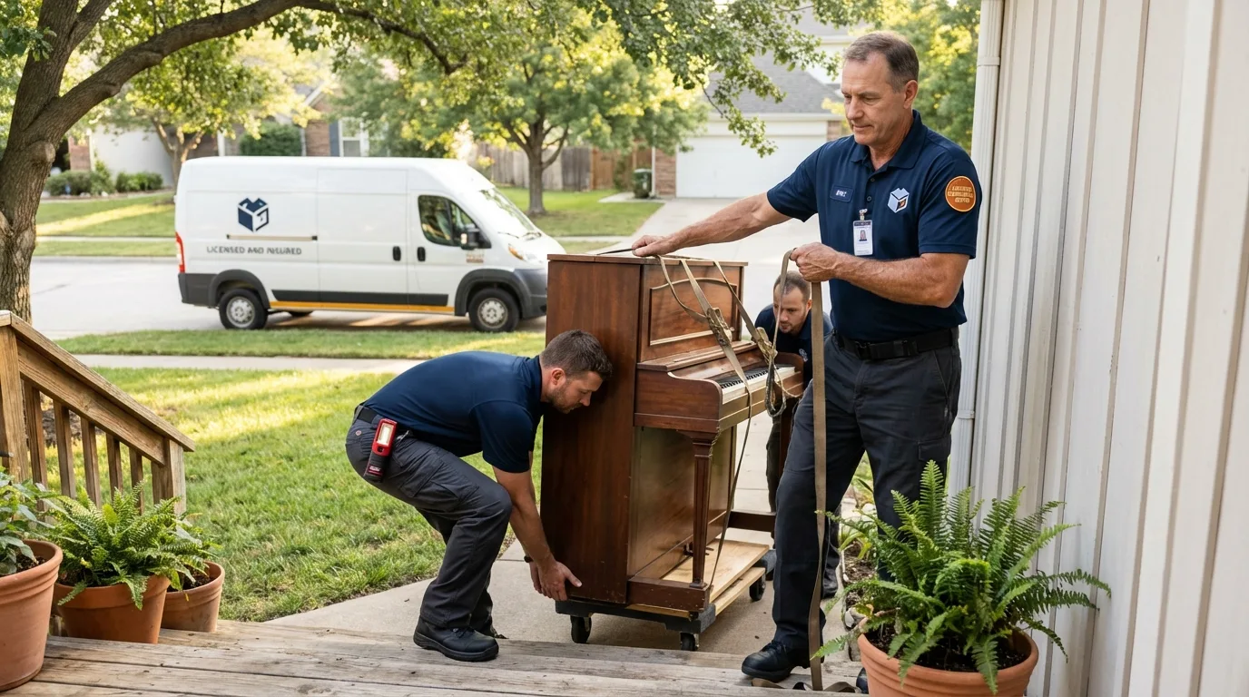 Licensed piano movers securing grand piano in Kingsland, TX