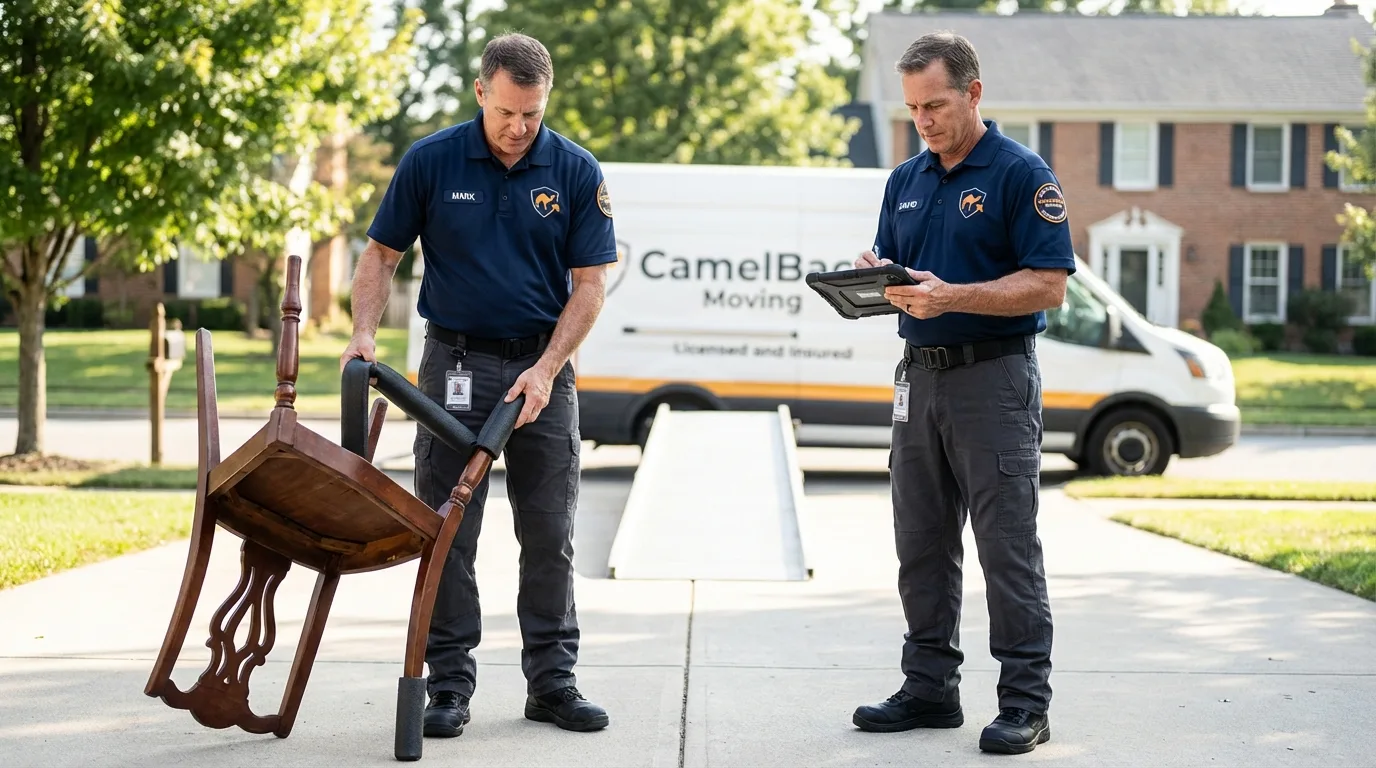 Movers inspecting furniture for damage prevention before loading in Kingsland, TX