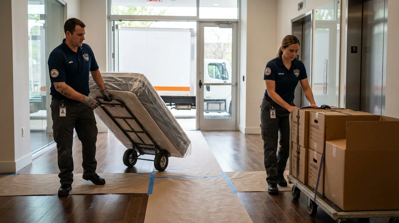 Professional apartment movers loading elevator in Kingsland, TX