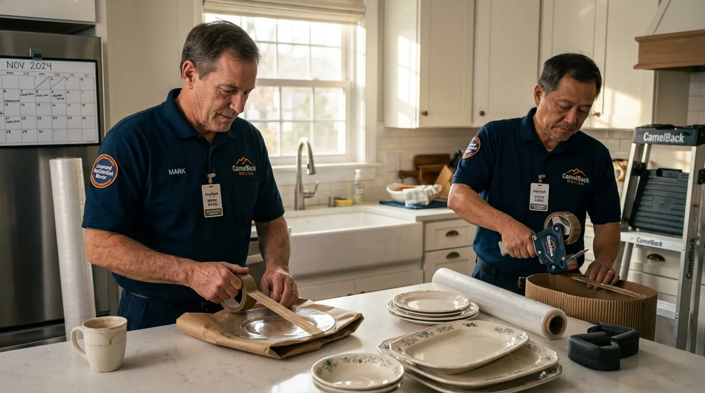 Professional crew packing kitchen dishware in Kingsland, TX